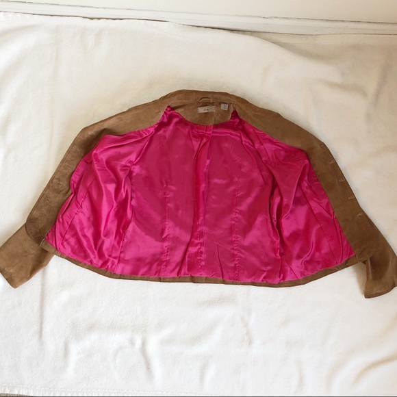 i.e. Women’s Genuine Leather Suede Tan Camel Blazer, size Large Button Front - Picture 12 of 16